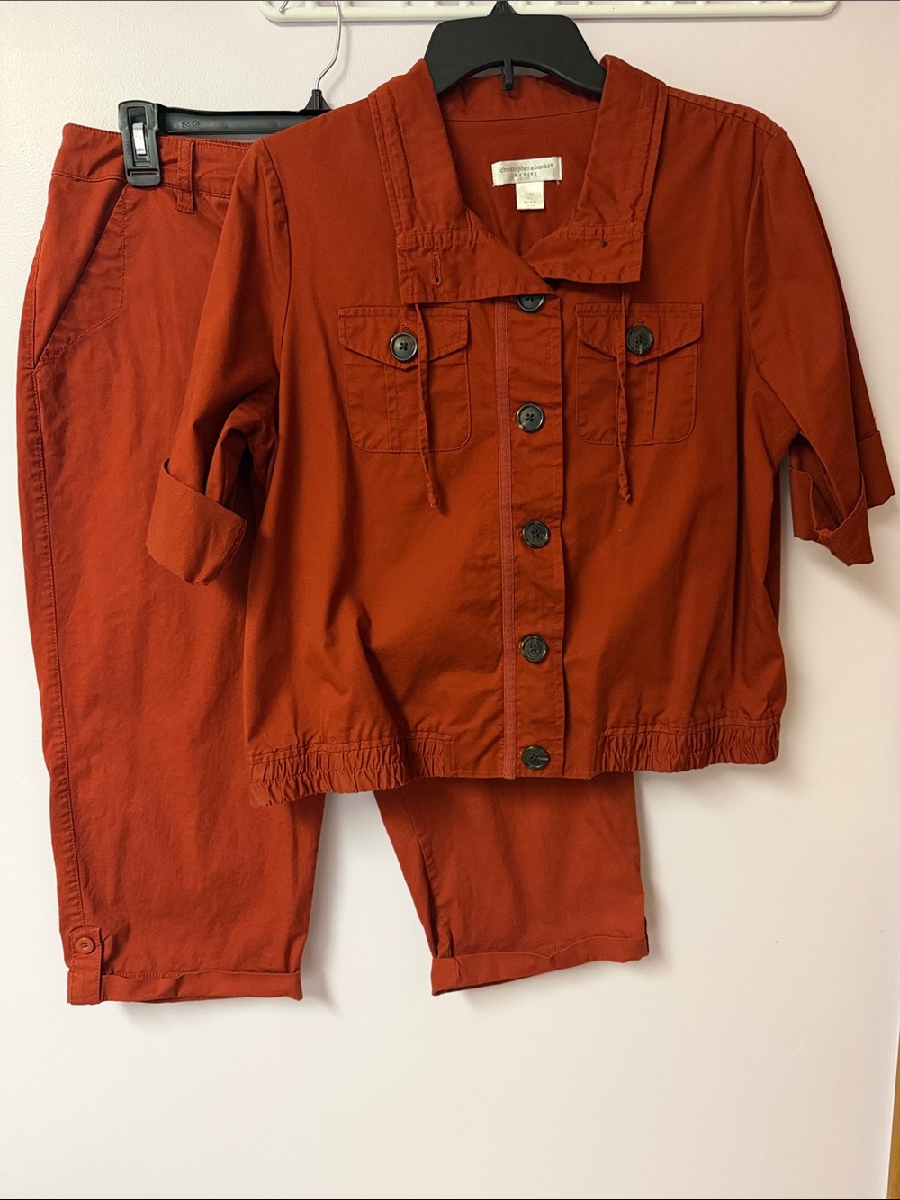 Christopher & Banks Rust Button-Front Jacket and Capri Pants outfit